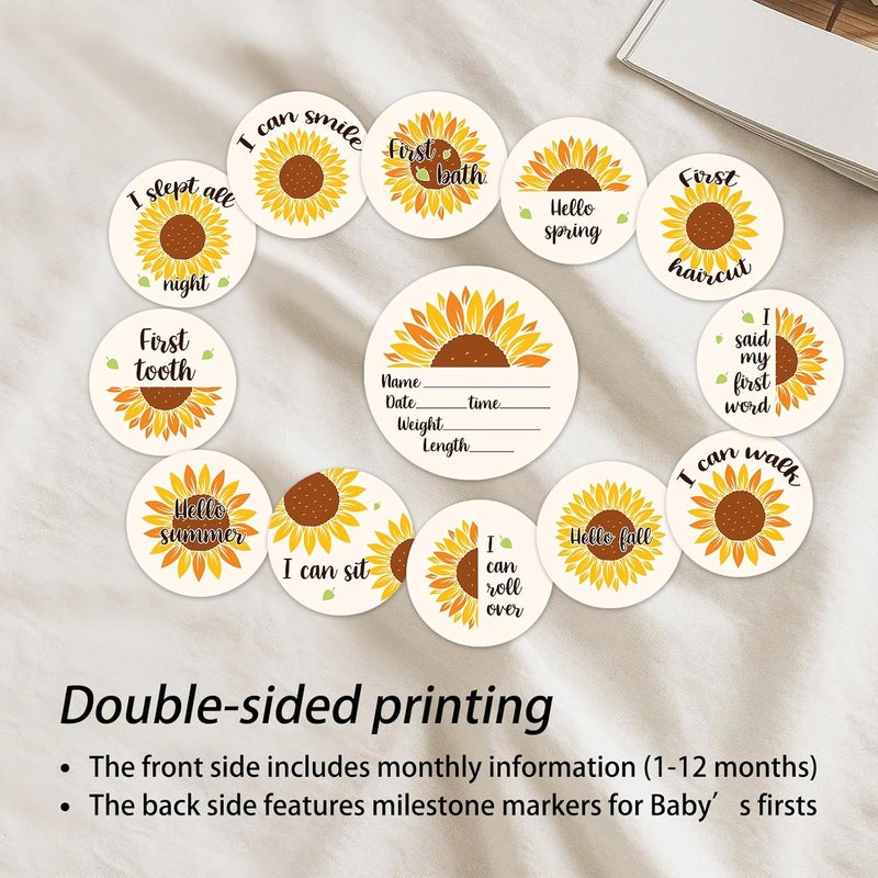 MCIAONE Baby Monthly Milestone Cards Sign - 13Pcs Double Sided Sunflower Milestone Markers, Flower Pattern Wooden Circles Discs Newborn Announcement Marker, Baby Shower Newborn Sign Photo Cards Gift Set - Image 4